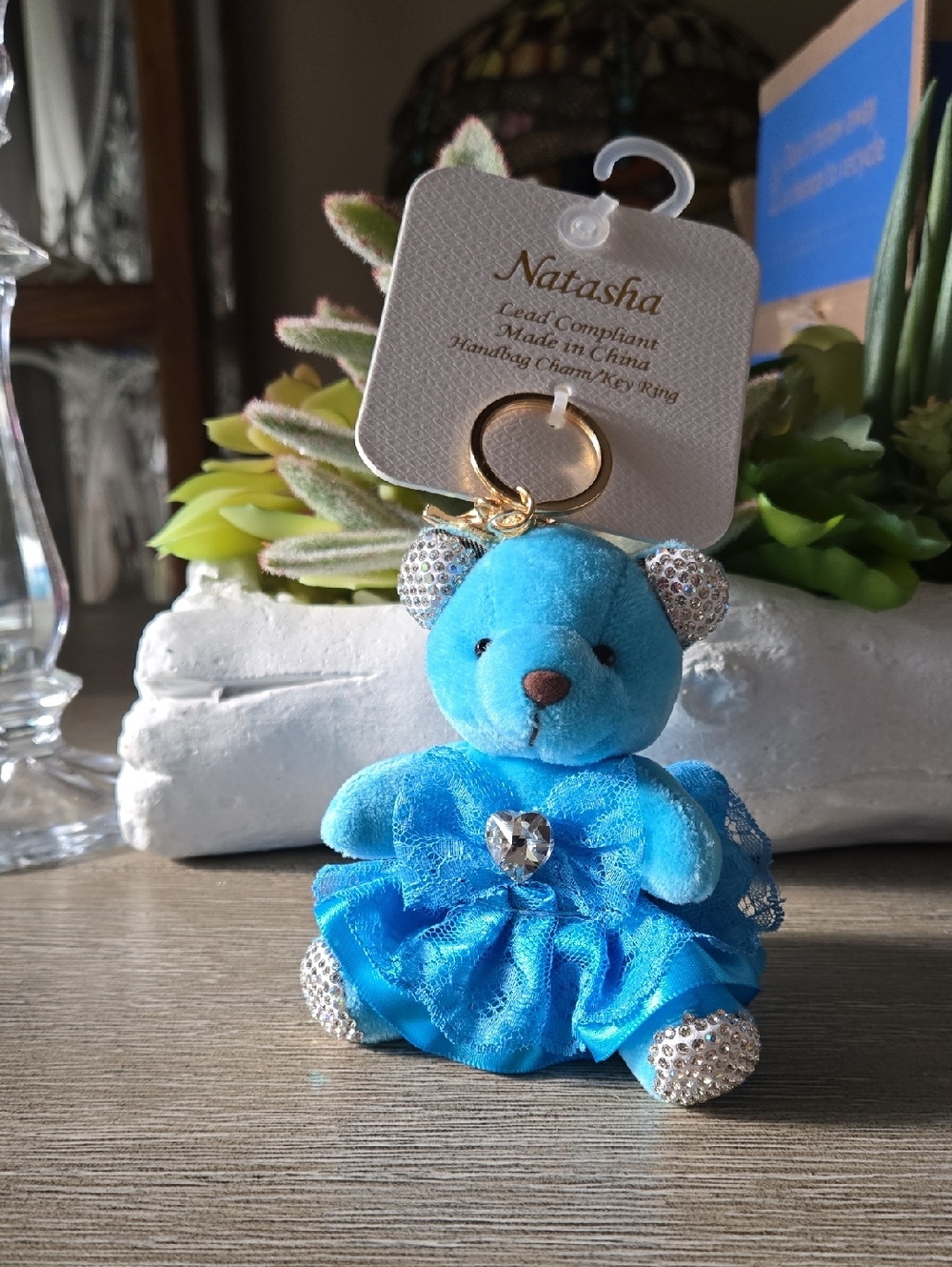 Natasha Couture Blue Plush Bear Bag Charm with Crystal Accents